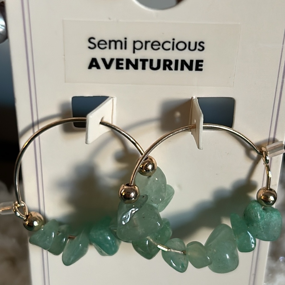 New Aventurine Chipped Semi-Precious Gemstone Wire Hoop Earrings